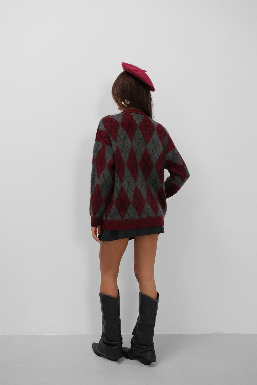 Plaid Patterned Brushed Burgundy-Gray Sweater