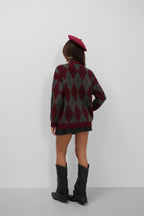 Plaid Patterned Brushed Burgundy-Gray Sweater