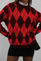 Plaid Patterned Brushed Red-Burgundy Sweater