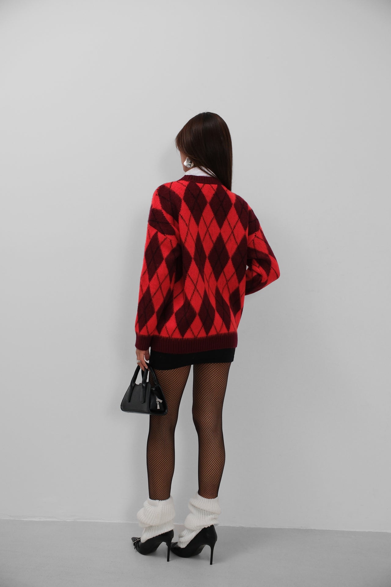 Plaid Patterned Brushed Red-Burgundy Sweater