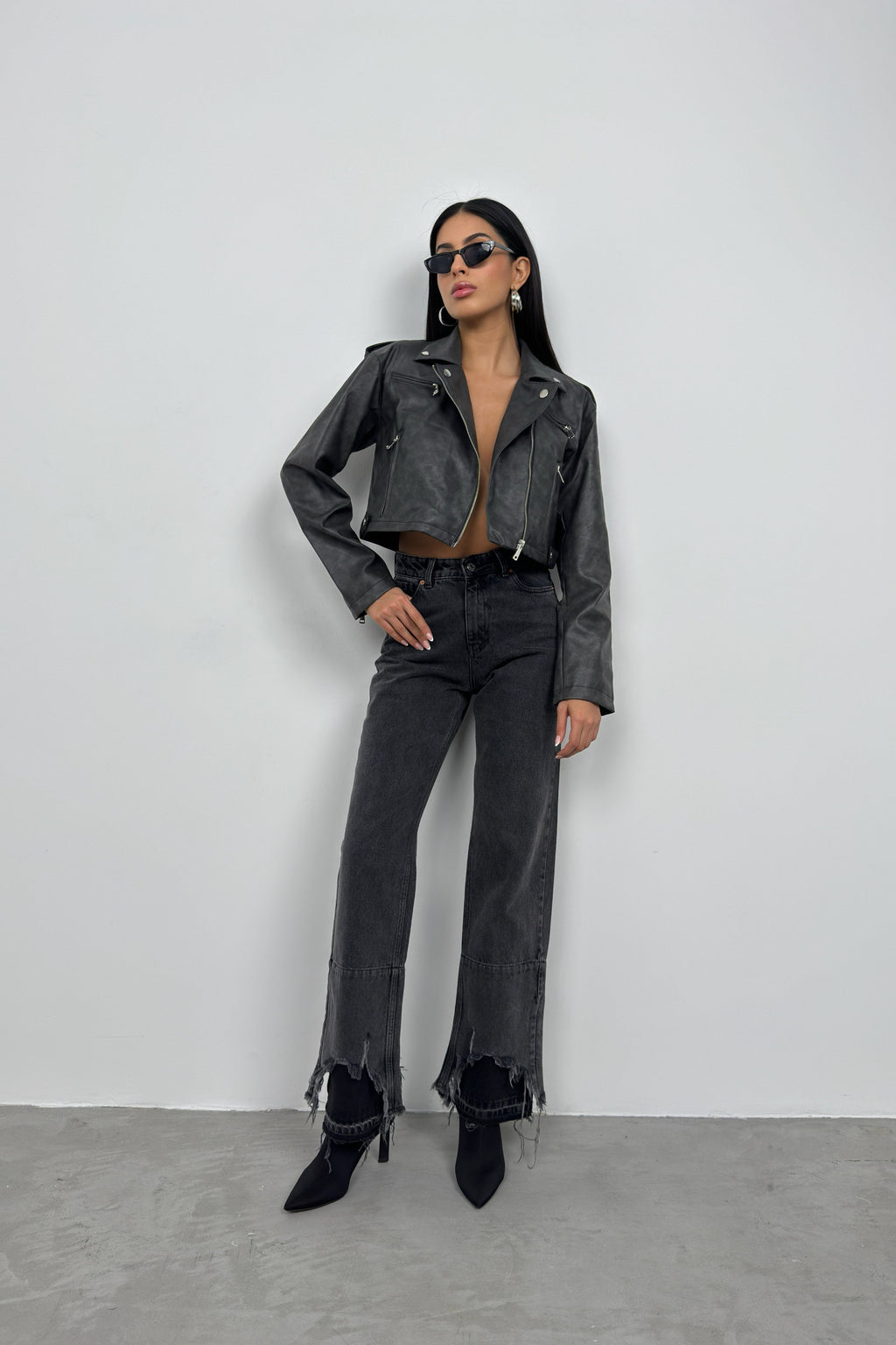 Distressed Effect Gray Crop Leather Jacket