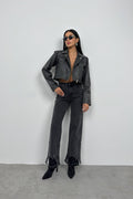 Distressed Effect Gray Crop Leather Jacket