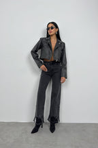 Distressed Effect Gray Crop Leather Jacket