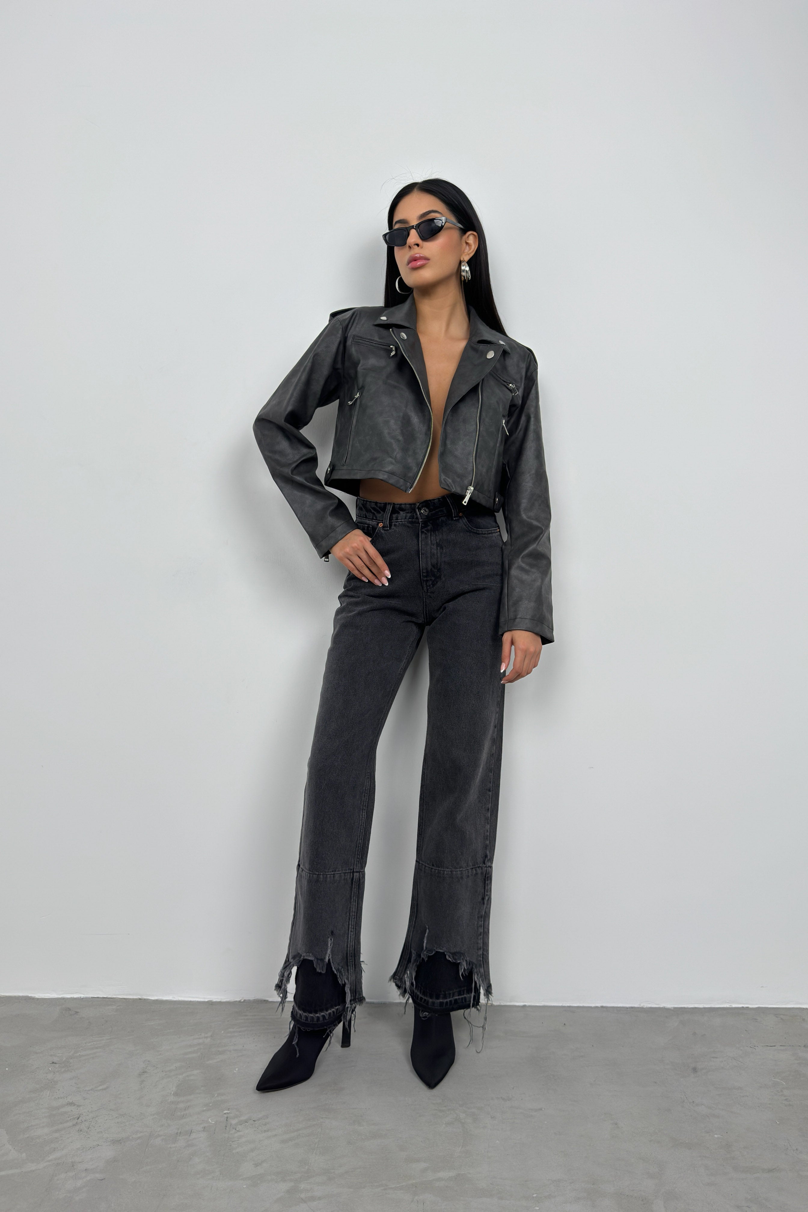 Distressed Effect Gray Crop Leather Jacket