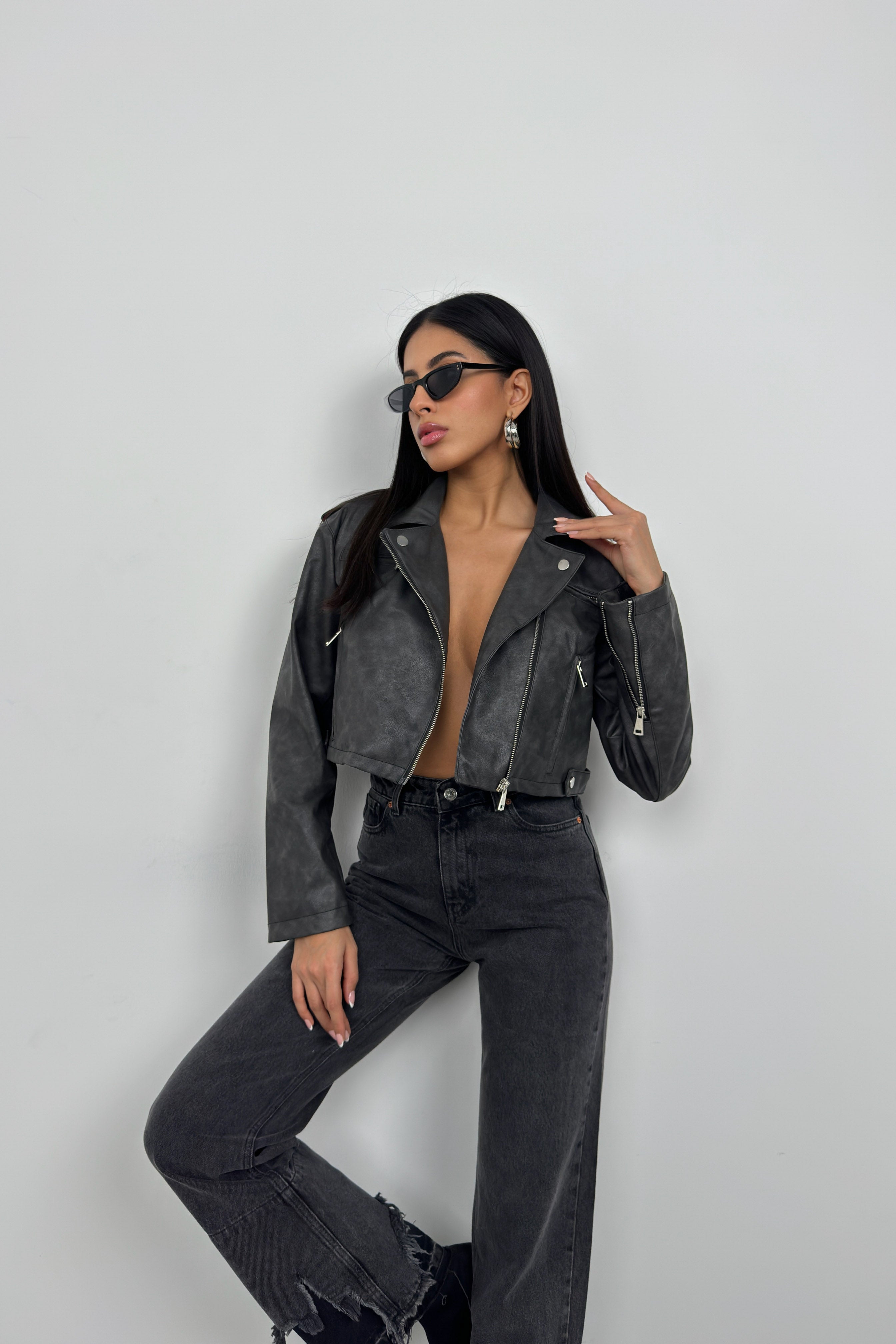 Distressed Effect Gray Crop Leather Jacket
