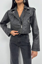 Distressed Effect Gray Crop Leather Jacket