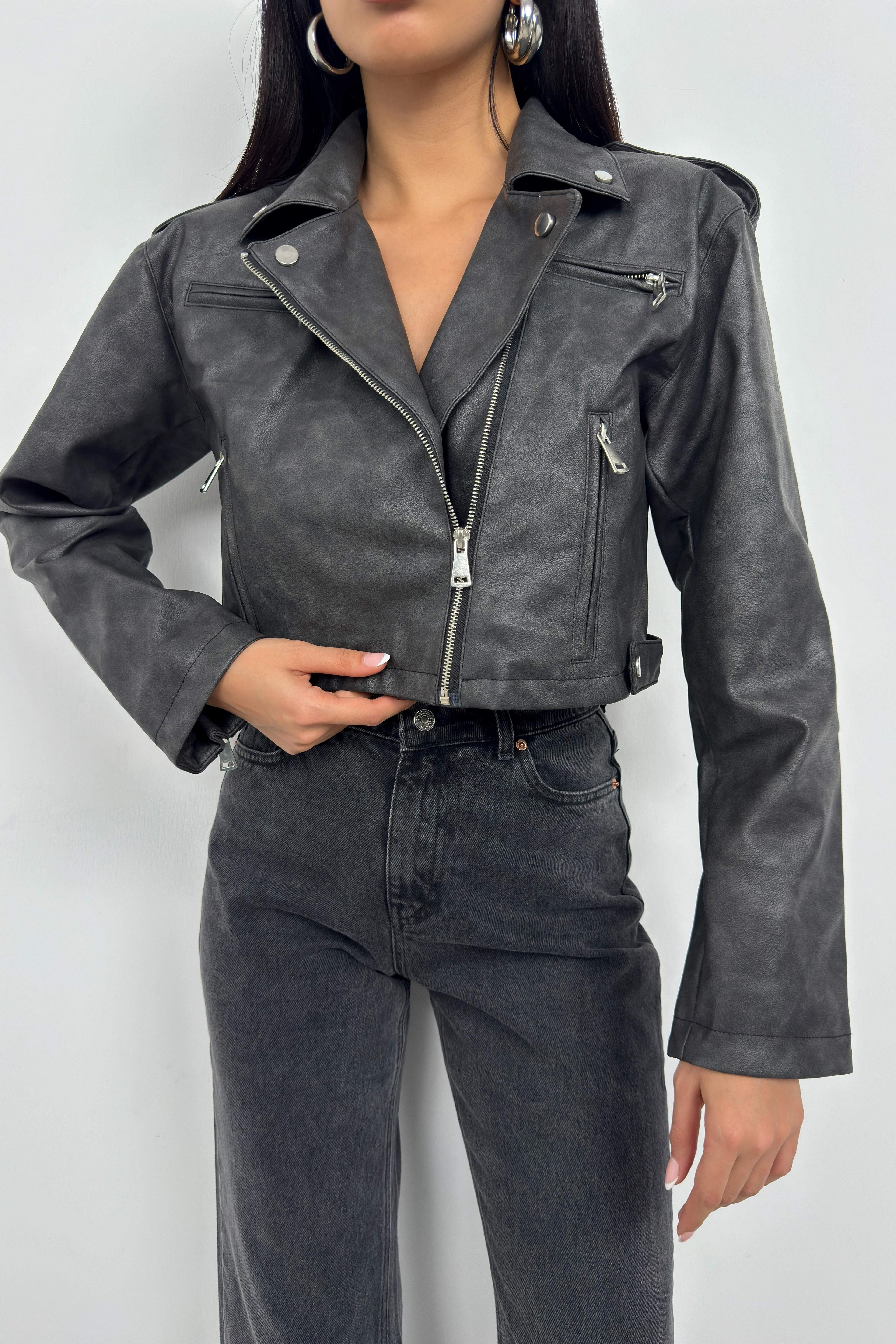 Distressed Effect Gray Crop Leather Jacket