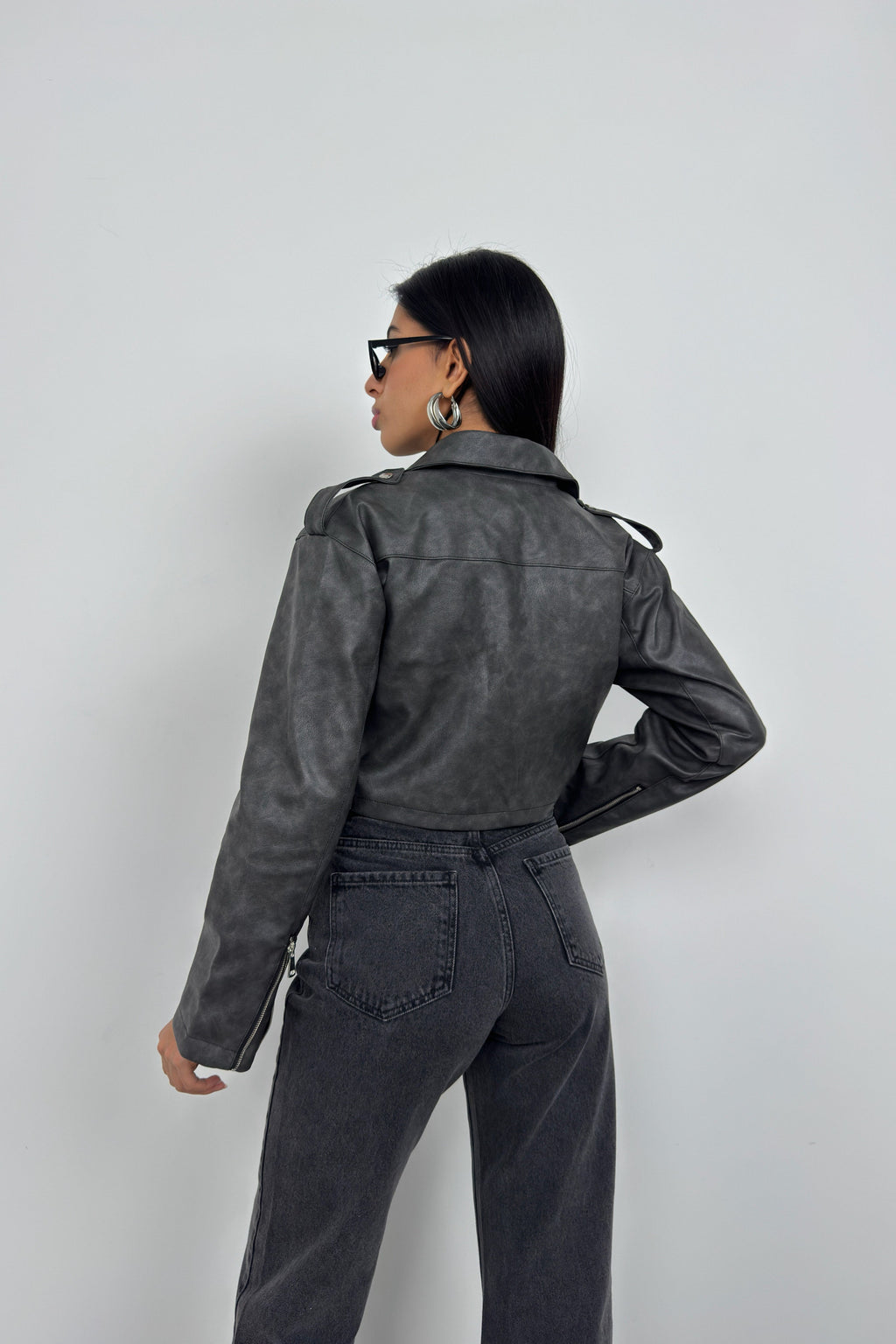 Distressed Effect Gray Crop Leather Jacket