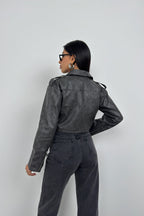 Distressed Effect Gray Crop Leather Jacket