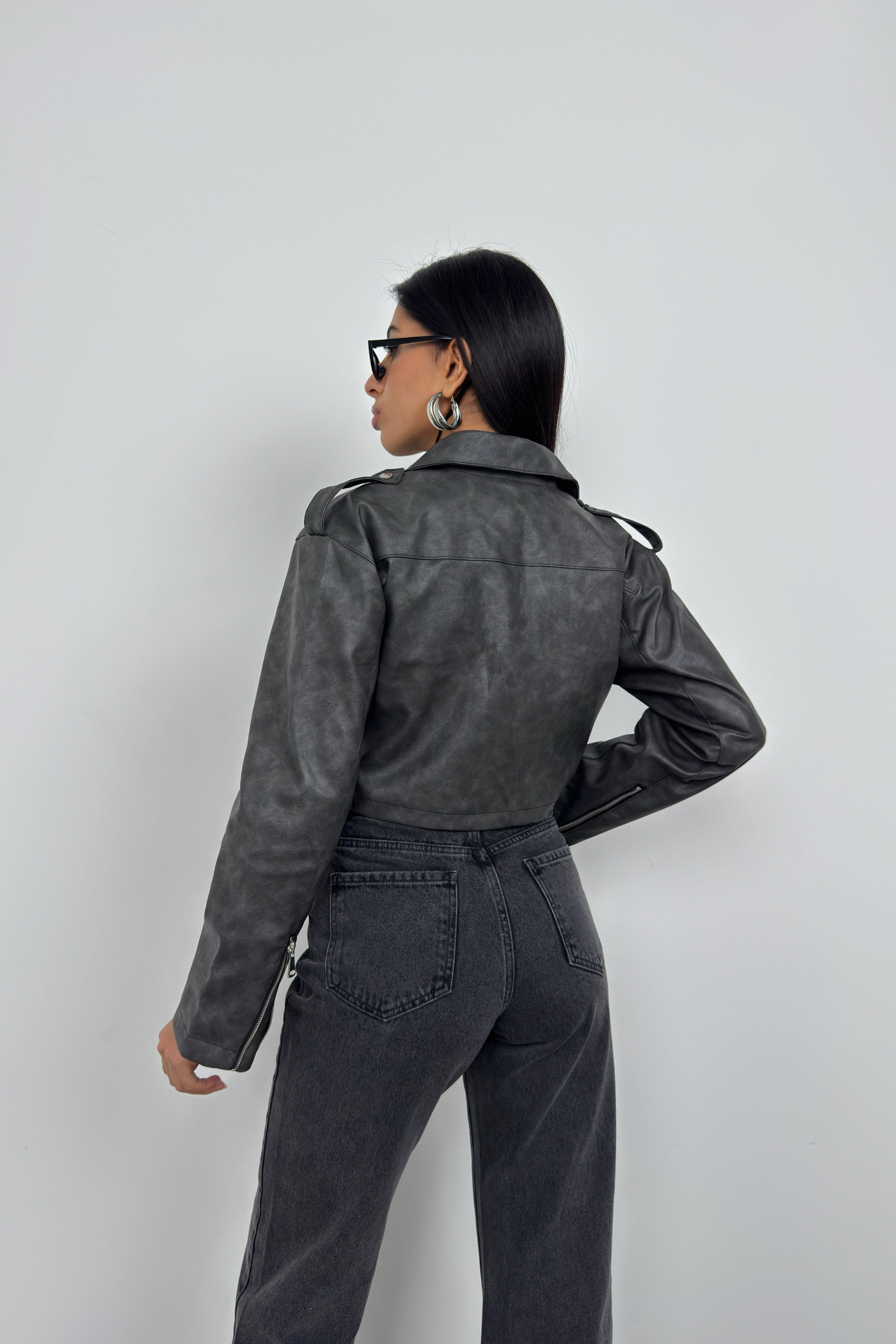 Distressed Effect Gray Crop Leather Jacket