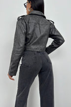 Distressed Effect Gray Crop Leather Jacket