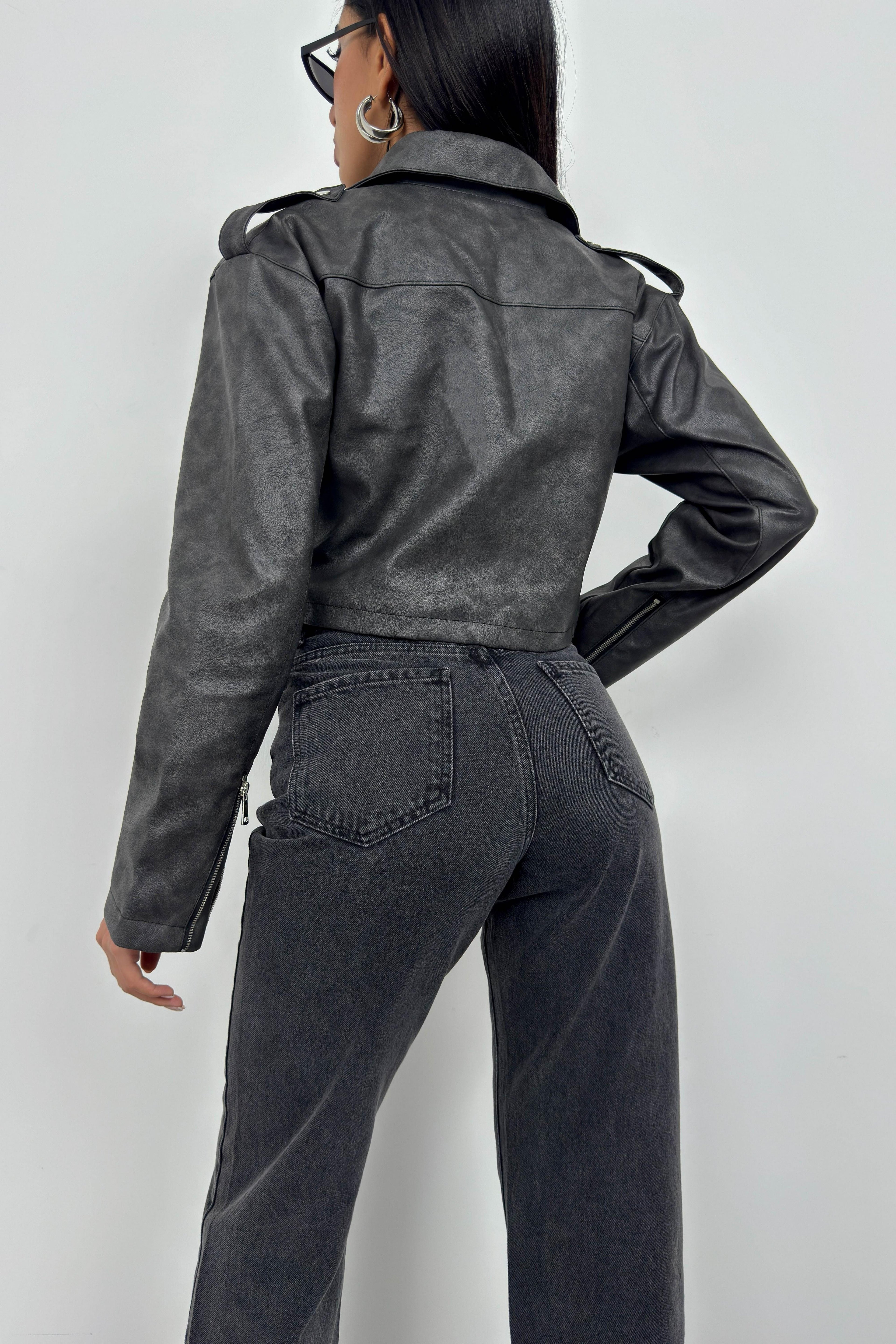 Distressed Effect Gray Crop Leather Jacket