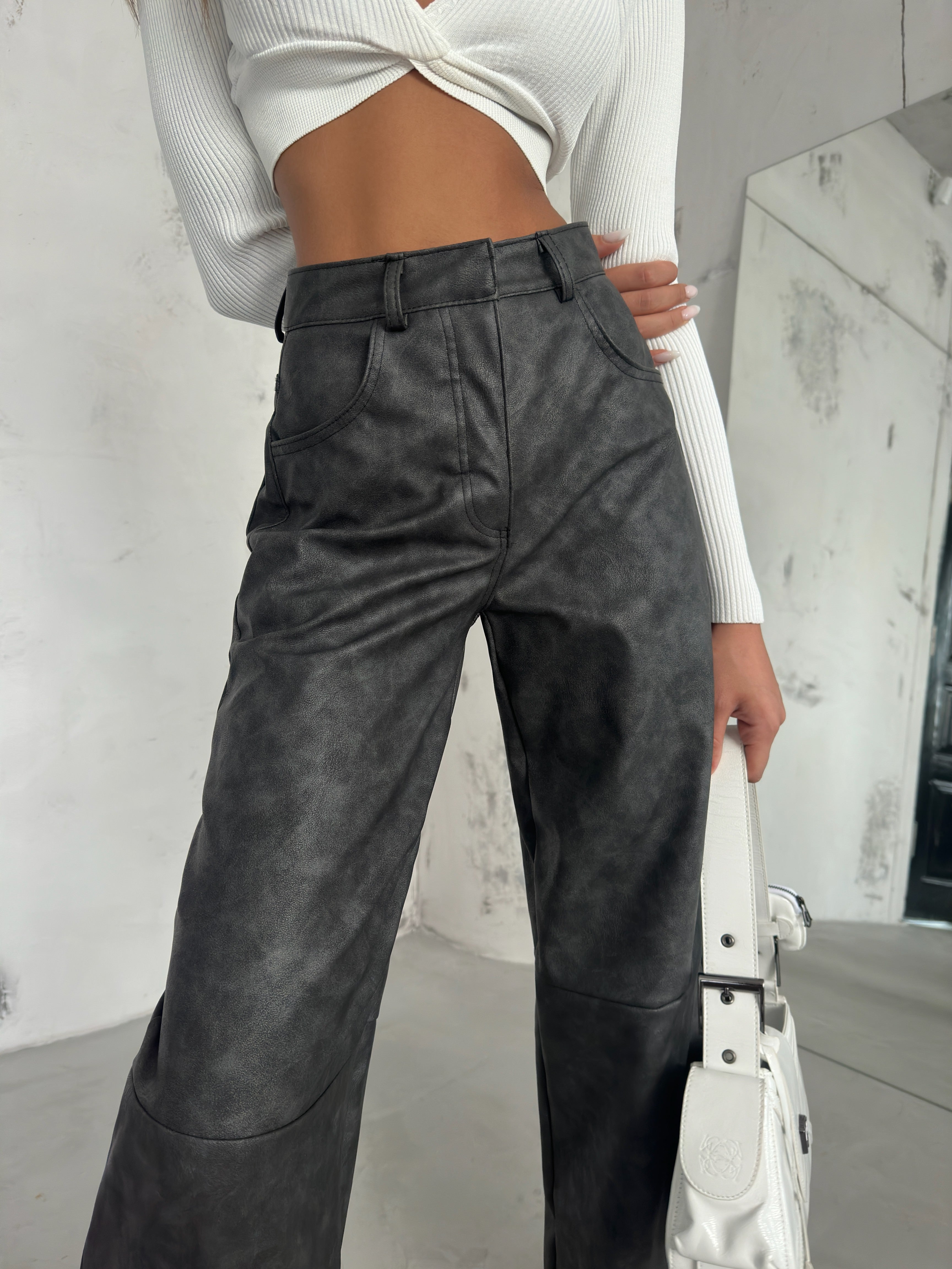 Distressed Effect Gray Leather Pants