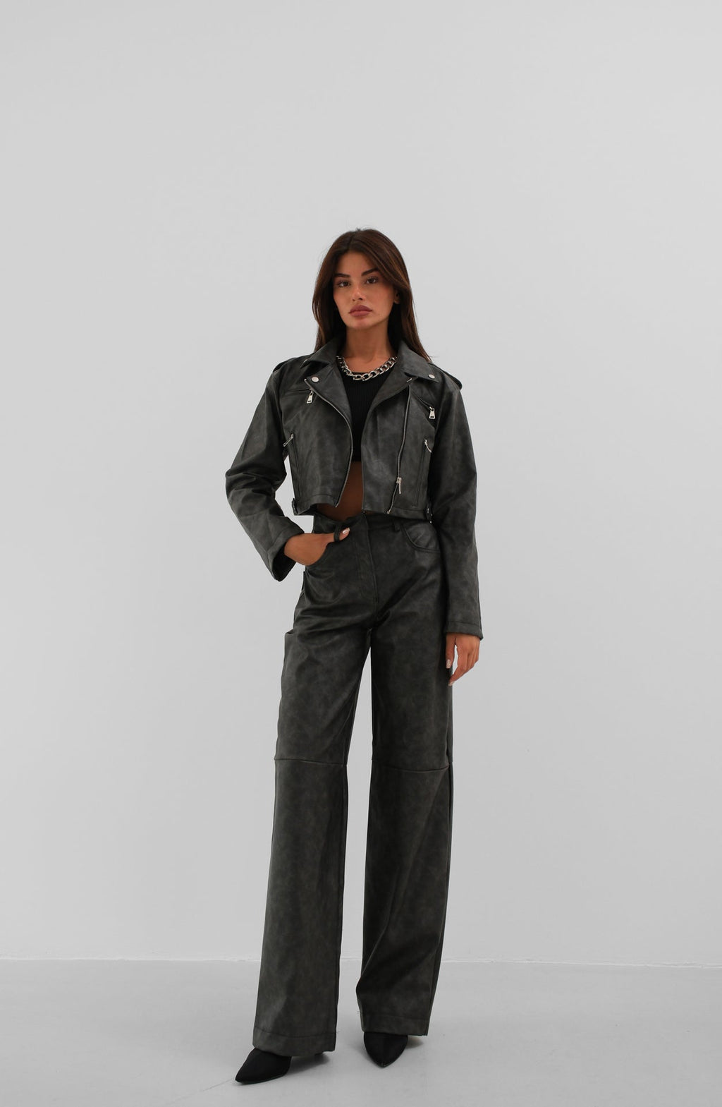 Distressed Effect Gray Crop Faux Leather Jacket