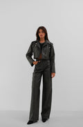 Distressed Effect Gray Crop Faux Leather Jacket
