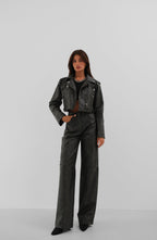 Distressed Effect Gray Crop Faux Leather Jacket