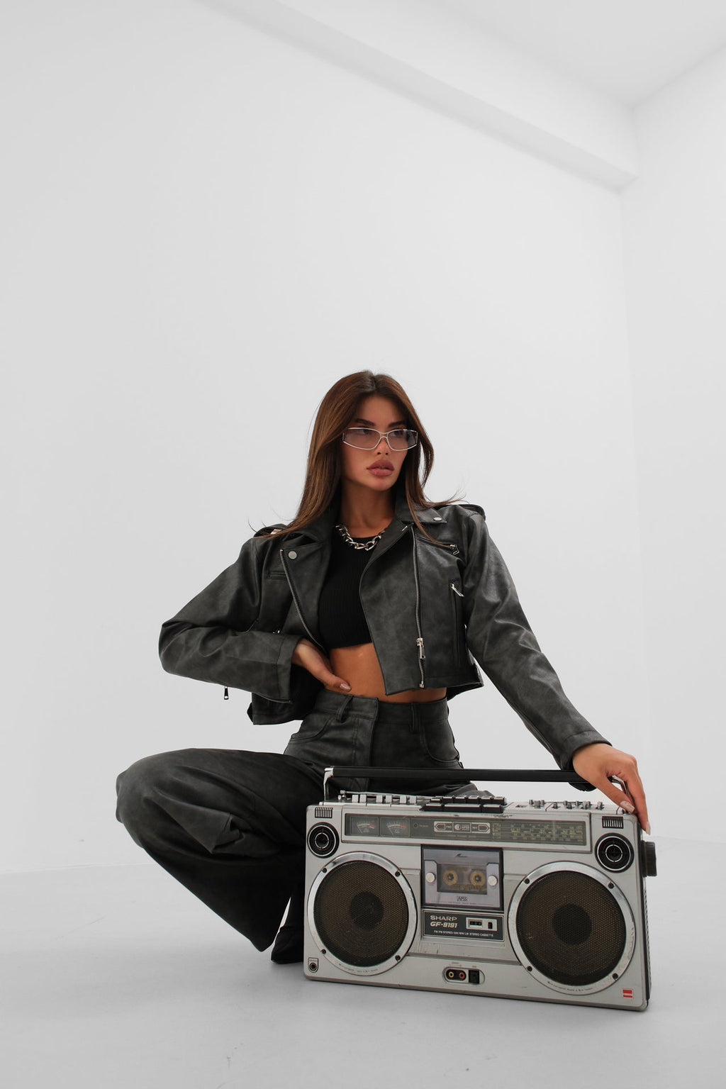 Distressed Effect Gray Crop Faux Leather Jacket