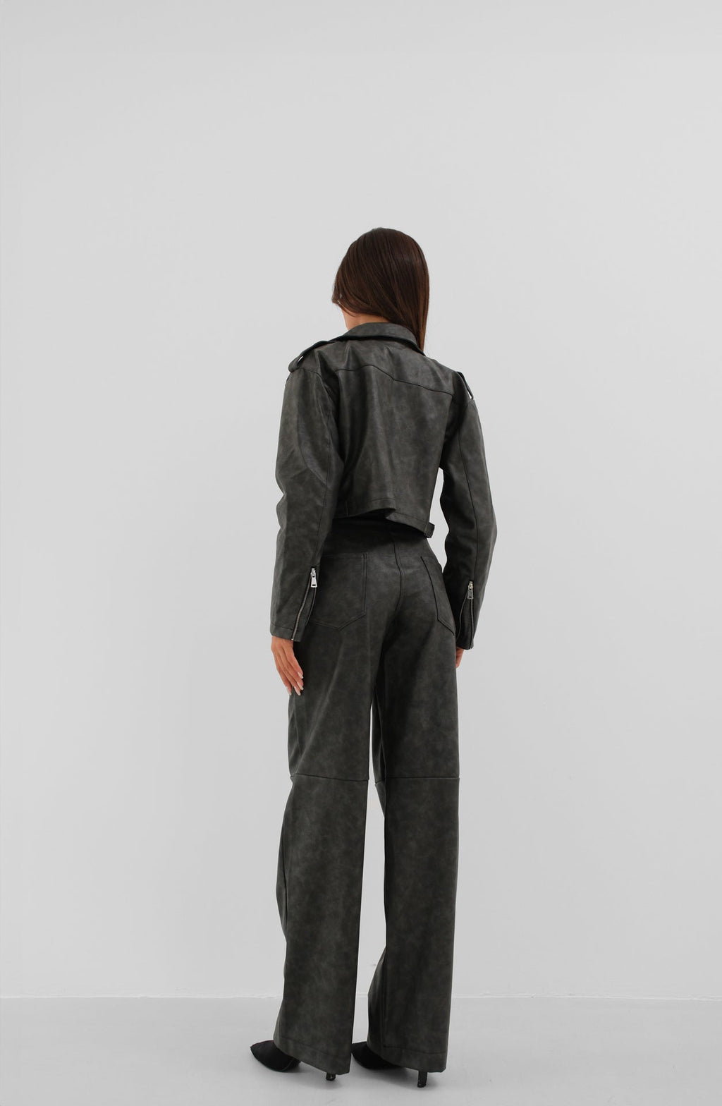 Distressed Effect Gray Crop Faux Leather Jacket