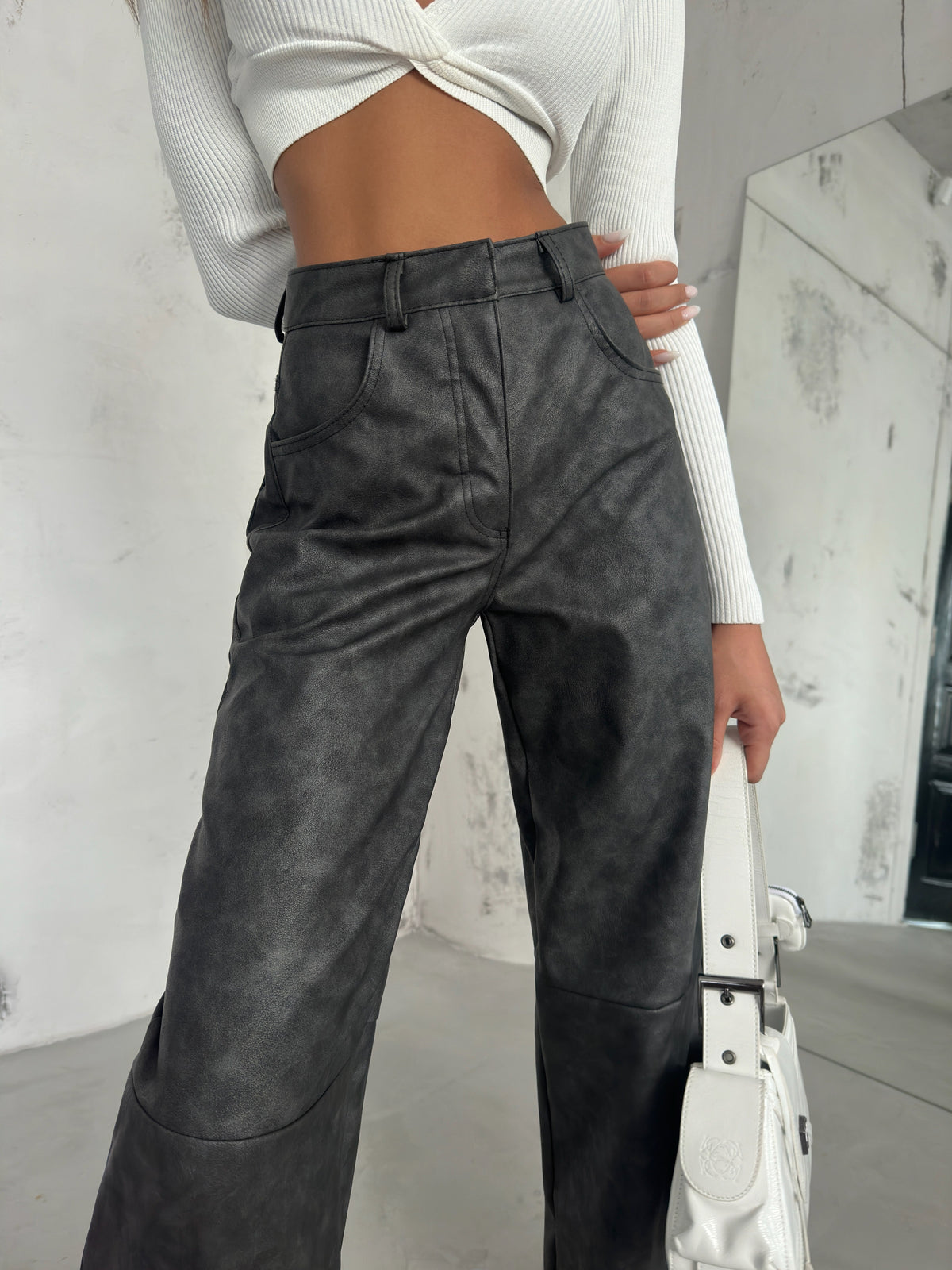 Distressed Gray Leather Trousers