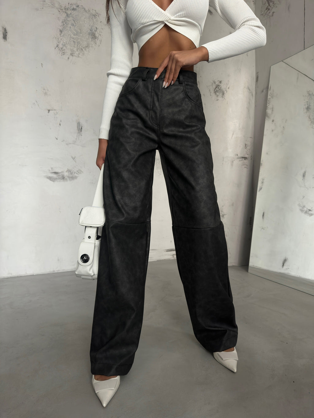 Distressed Gray Leather Trousers