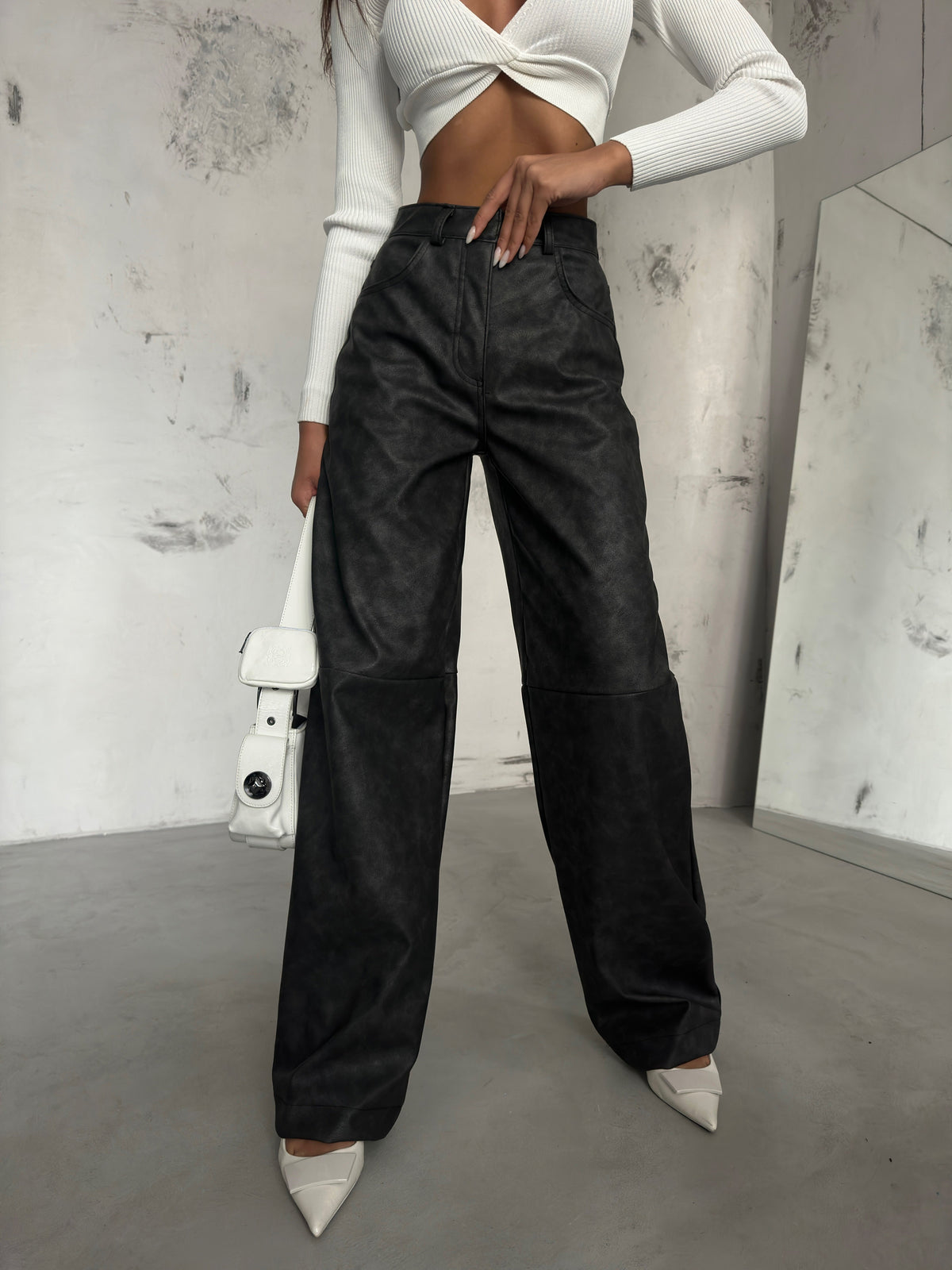 Distressed Gray Leather Trousers