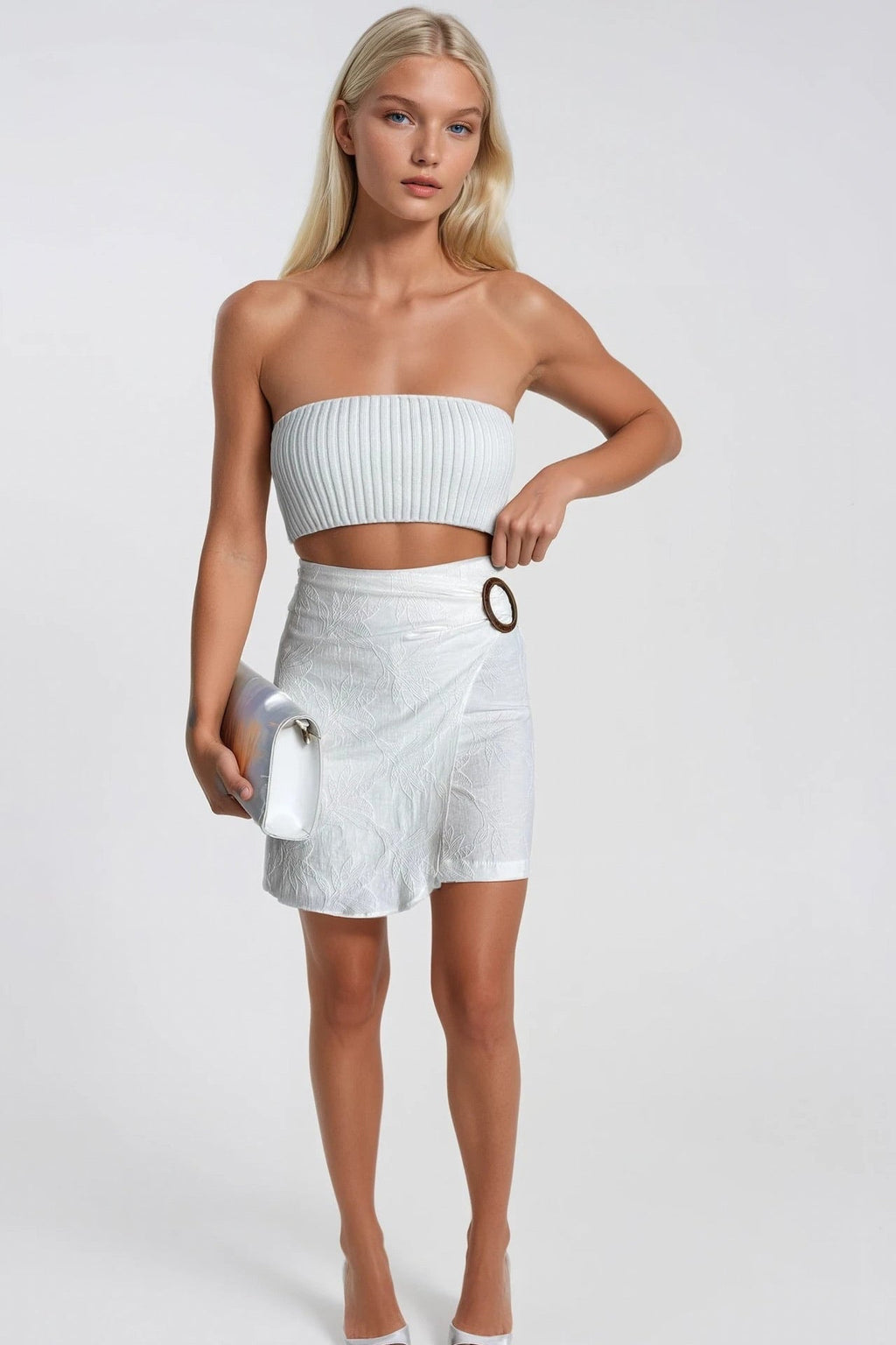 Buckle Detail Wrap Patterned Ecru Skort