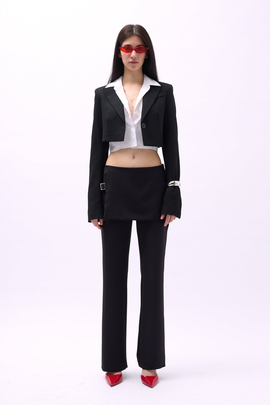 Skirt Detail Waistted Black Pants