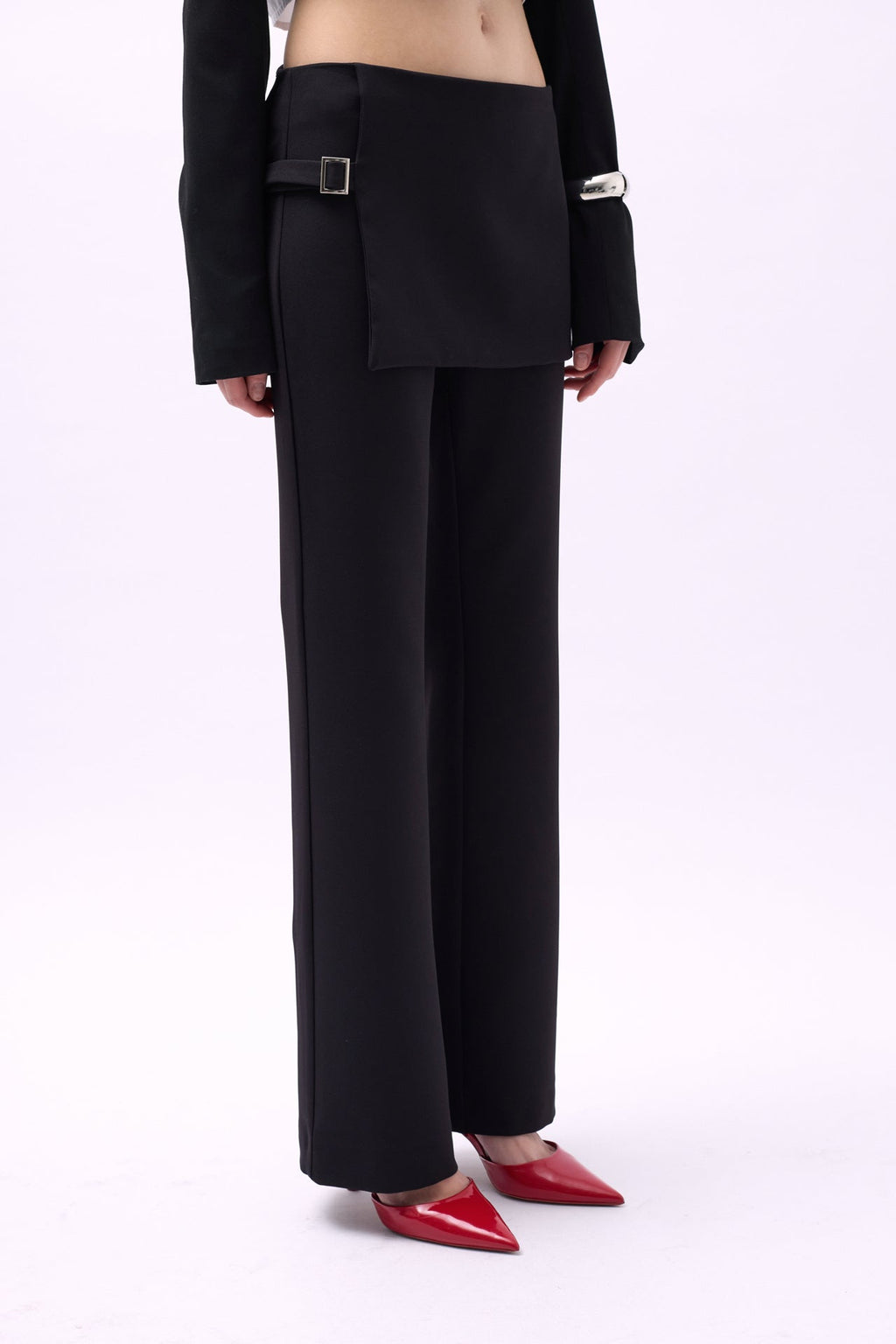 Skirt Detail Waistted Black Pants