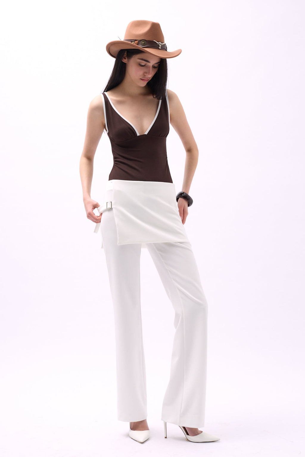 Skirt Detail Waistted White Pants