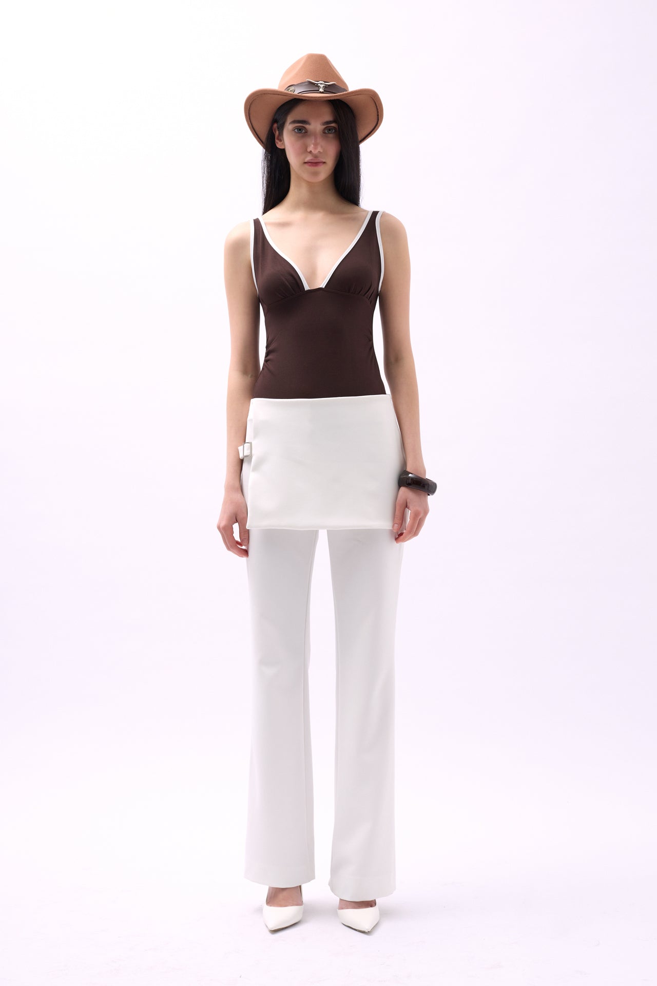 Skirt Detail Waistted White Pants