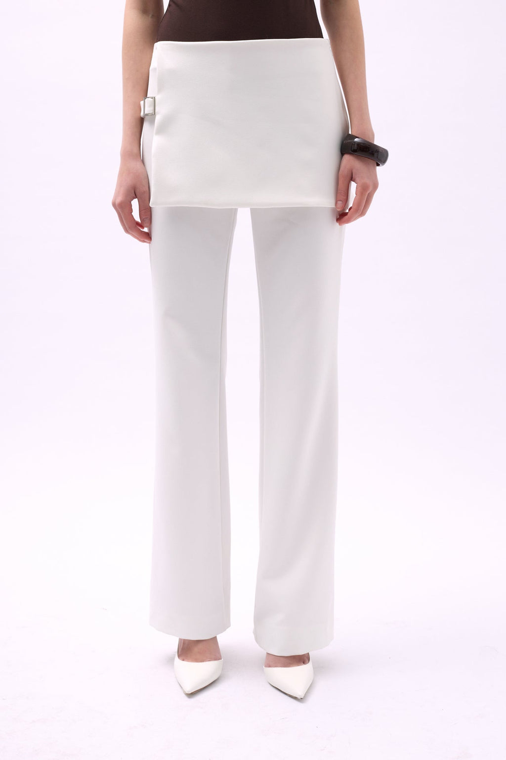 Skirt Detail Waistted White Pants