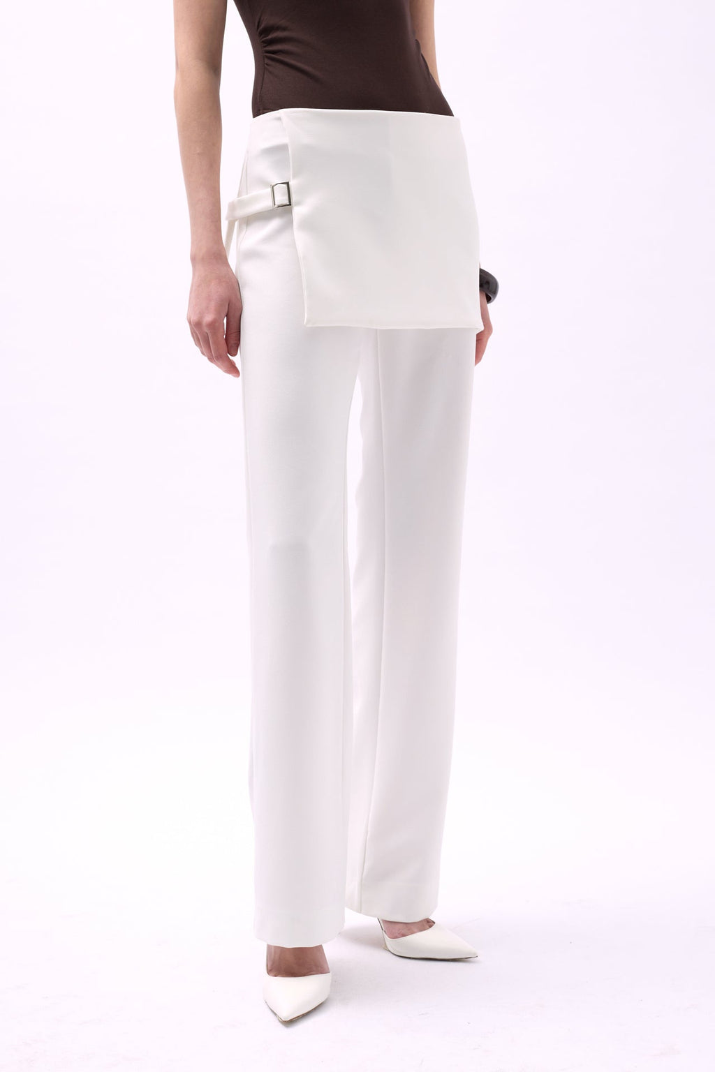 Skirt Detail Waistted White Pants