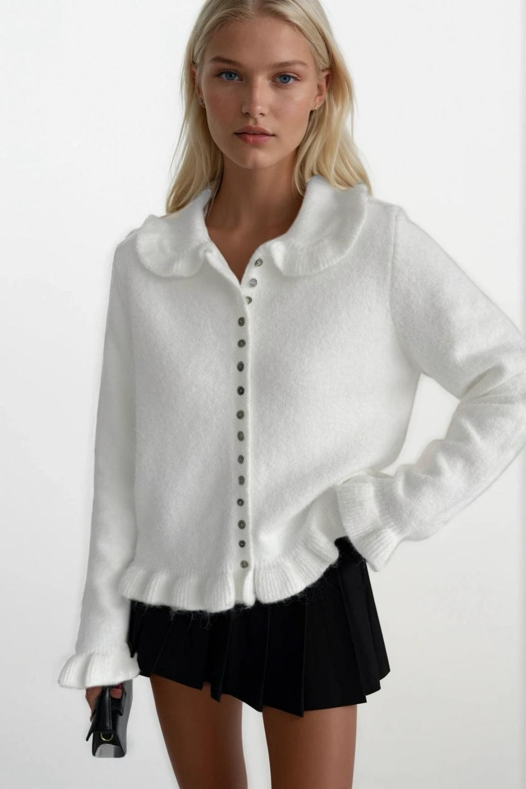 Ruffled Hem and Collar Knit White Cardigan