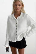 Ruffled Hem and Collar Knit White Cardigan