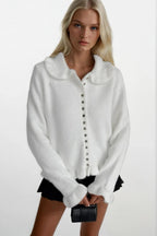 Ruffled Hem and Collar Knit White Cardigan
