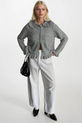 Ruffled Hem and Collar Knit Gray Cardigan