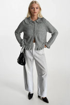 Ruffled Hem and Collar Knit Gray Cardigan