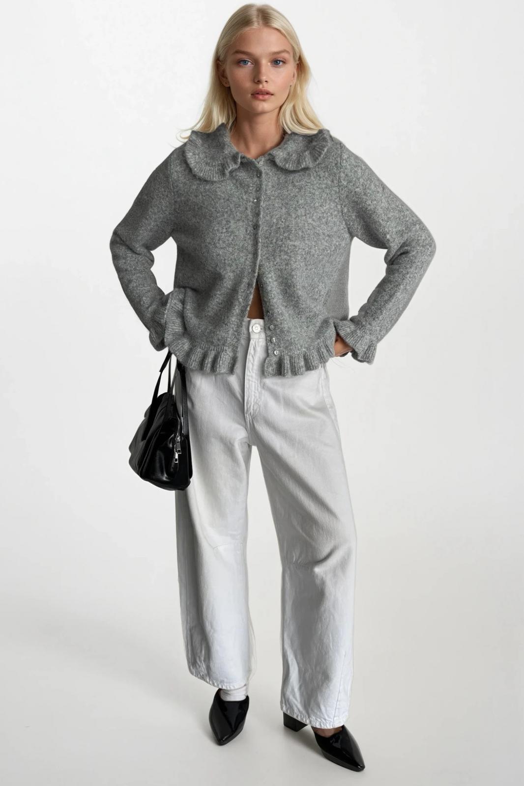 Ruffled Hem and Collar Knit Gray Cardigan
