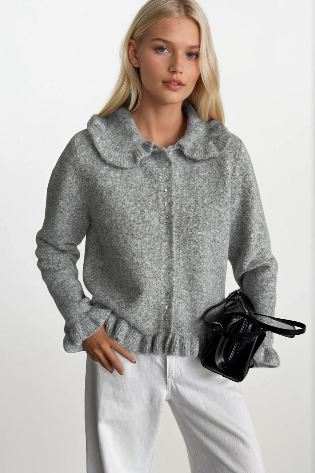 Ruffled Hem and Collar Knit Gray Cardigan