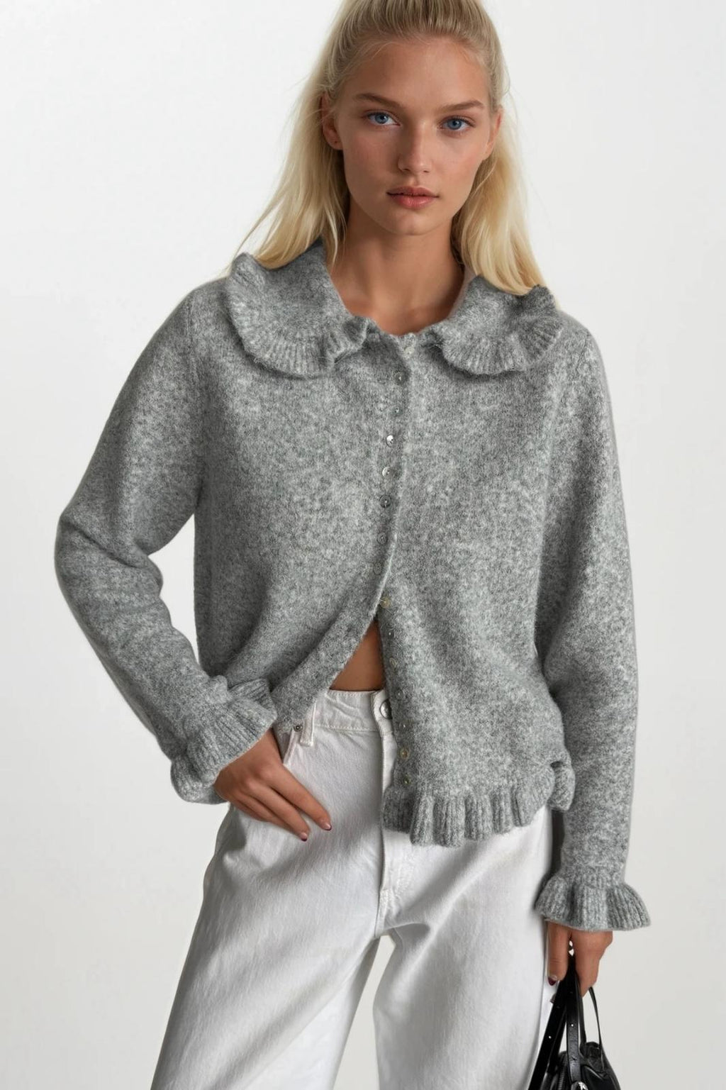 Ruffled Hem and Collar Knit Gray Cardigan