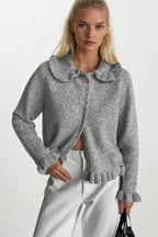 Ruffled Hem and Collar Knit Gray Cardigan