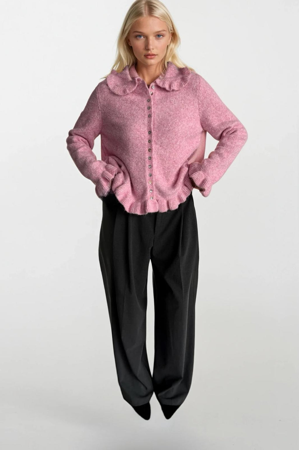 Ruffled Hem and Collar Knit Pink Cardigan