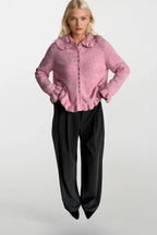 Ruffled Hem and Collar Knit Pink Cardigan