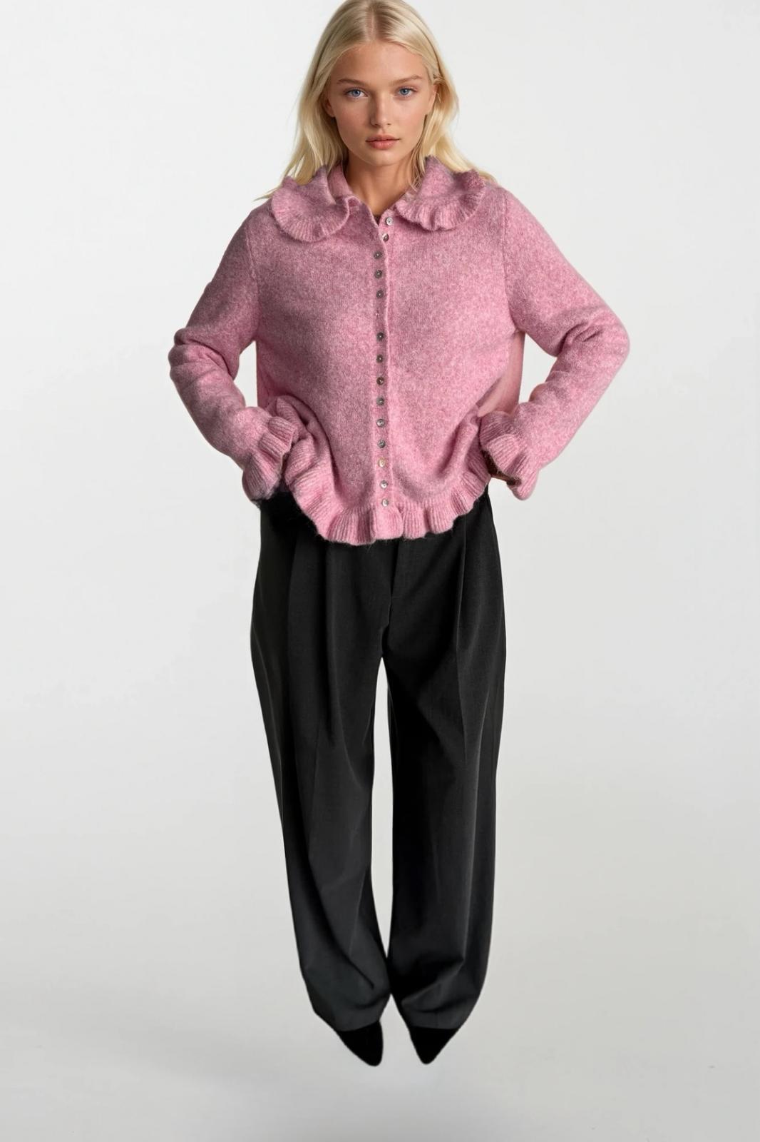Ruffled Hem and Collar Knit Pink Cardigan