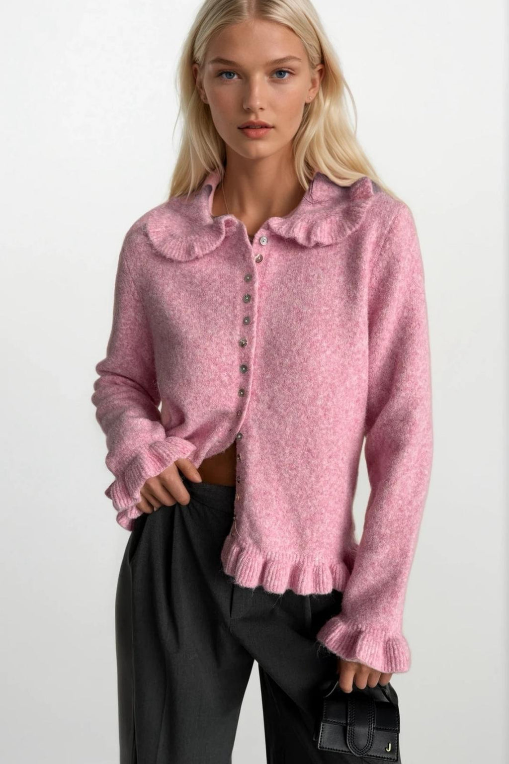 Ruffled Hem and Collar Knit Pink Cardigan