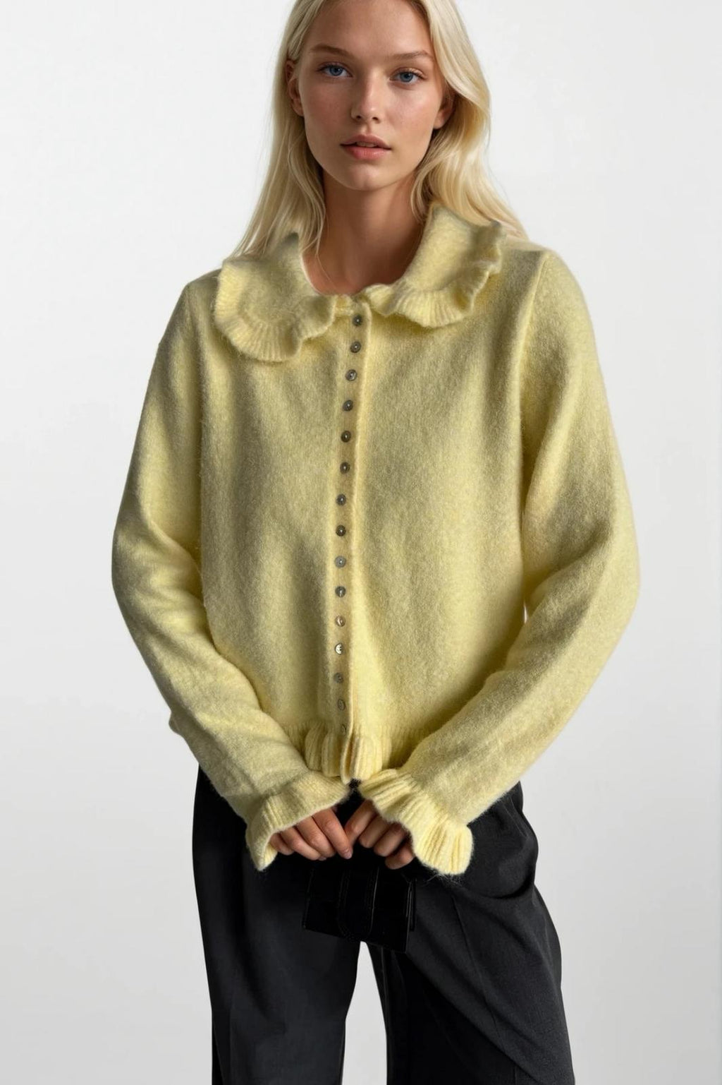 Ruffled Hem and Collar Knit Yellow Cardigan