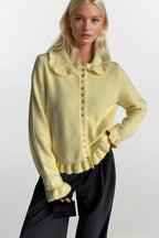 Ruffled Hem and Collar Knit Yellow Cardigan