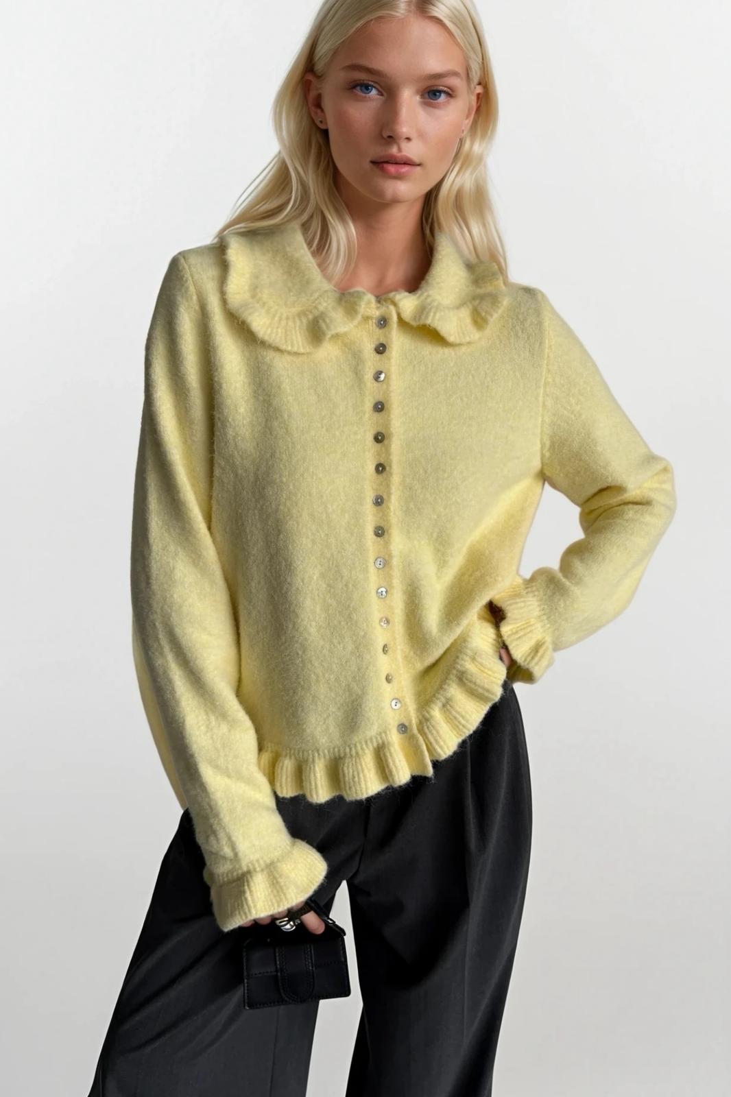Ruffled Hem and Collar Knit Yellow Cardigan