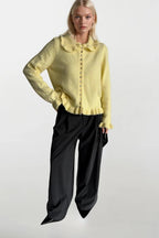 Ruffled Hem and Collar Knit Yellow Cardigan
