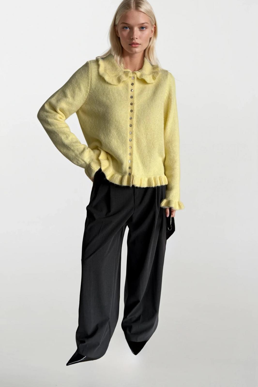 Ruffled Hem and Collar Knit Yellow Cardigan
